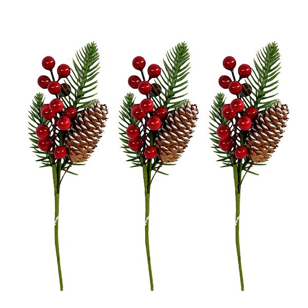Jogo 3 Galhos Natalino Pick Decorativo Folhagens, Pinha Nevada e Azevinhos Vermelhos 25cm