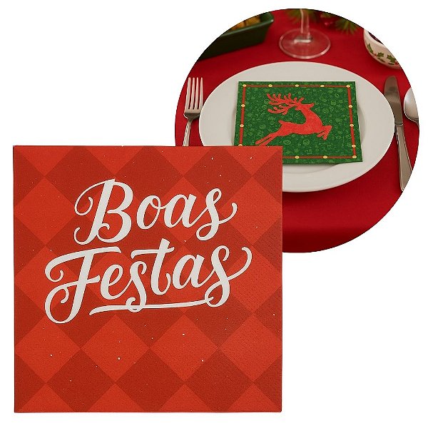 Guardanapo de Natal Estampado Boas Festas 33x33cm Folha Dupla Prime Pacote 20 Unidades