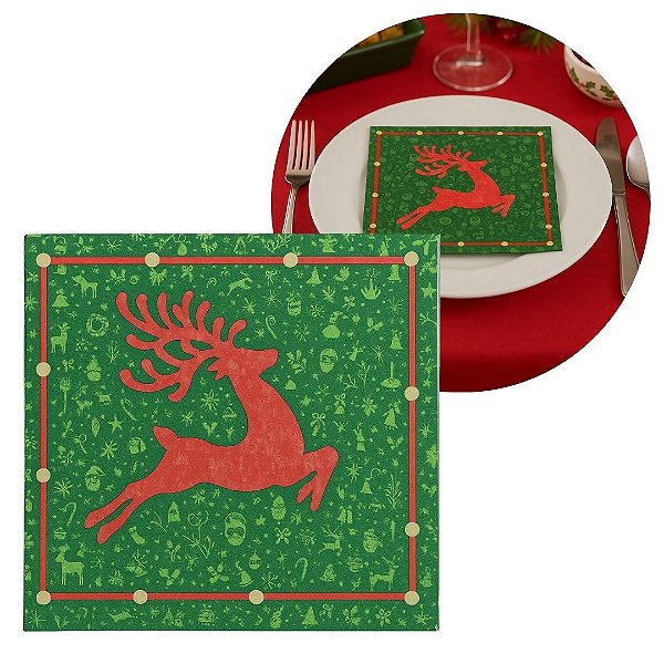 Guardanapo de Natal Estampado Rena Verde e Vermelho 33x33cm Folha Dupla Prime Pacote 20 Unidades