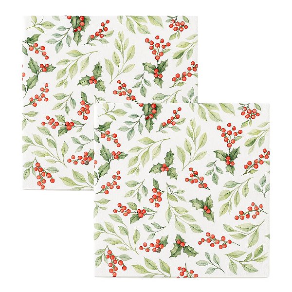 Kit Guardanapo de Natal Estampado Folhagens Azevinhos 25x25cm Folha Dupla Prime 40 Unidades