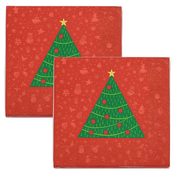 Kit Guardanapo de Natal Estampado Vermelho Pinheiro Verde 33x33cm Folha Dupla Prime 40 Unidades