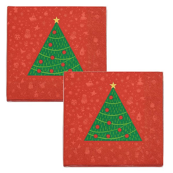 Kit Guardanapo Natal Estampado Vermelho Pinheiro Verde 25x25cm Folha Dupla Prime 40 Unidades