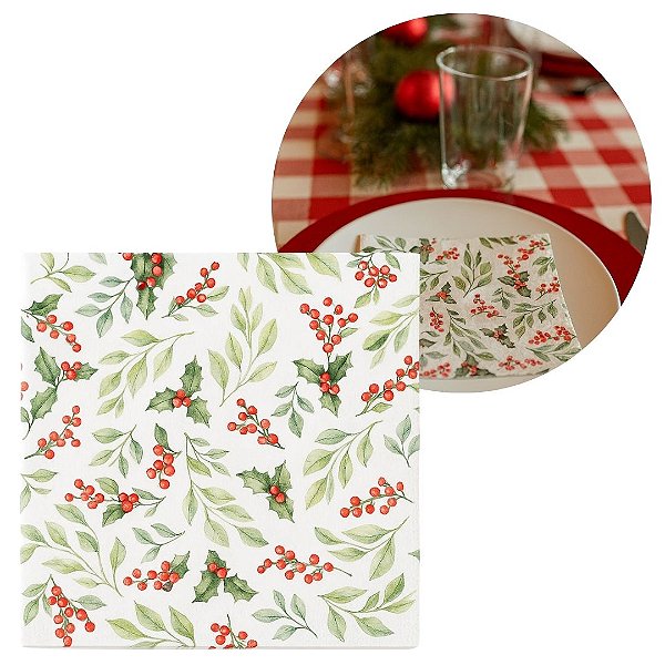 Guardanapo de Natal Estampado Folhagens Azevinhos 33x33cm Folha Dupla Prime Pacote 20 Unidades