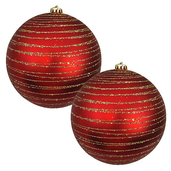 Jogo 2 Bolas de Natal Grande Vermelho Fosco com Espiral Glitter Dourado 15cm Decorativa Premium