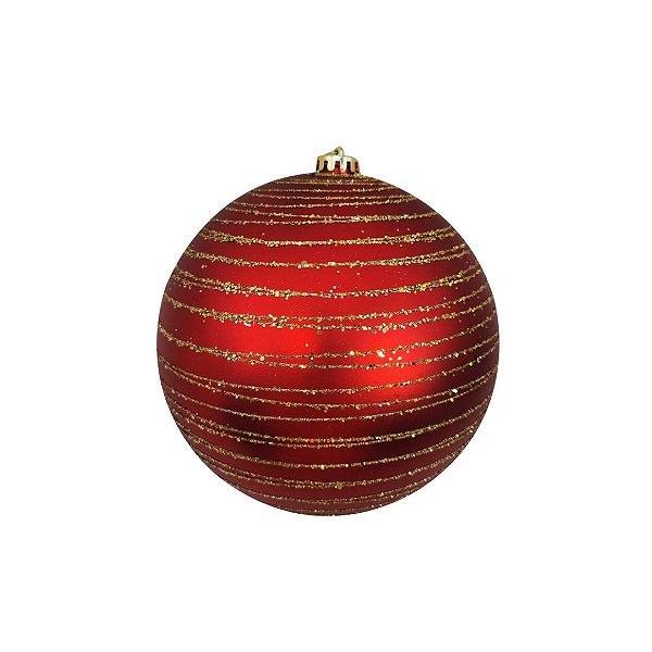Bola de Natal Grande Vermelho Fosco com Espiral Glitter Dourado 15cm Decorativa Premium