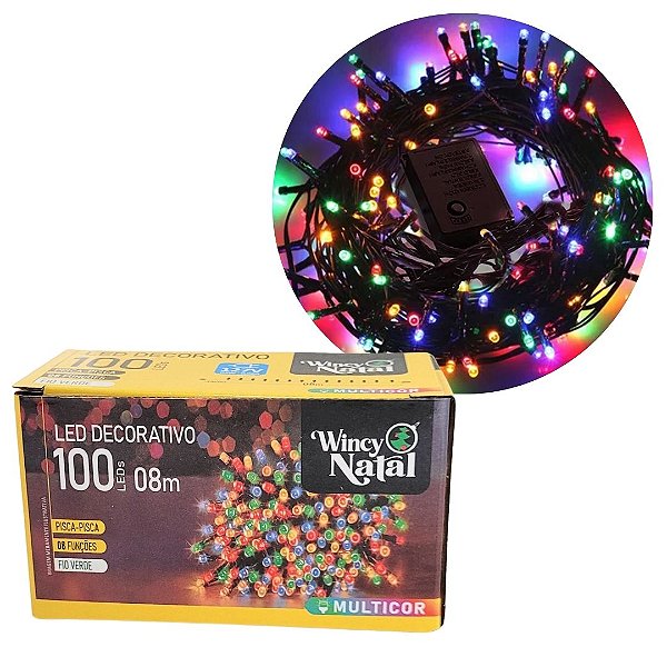 Pisca LED Colorido Sequencial 100 Lâmpadas 8 Funções Fio Verde 8 Metros 127V