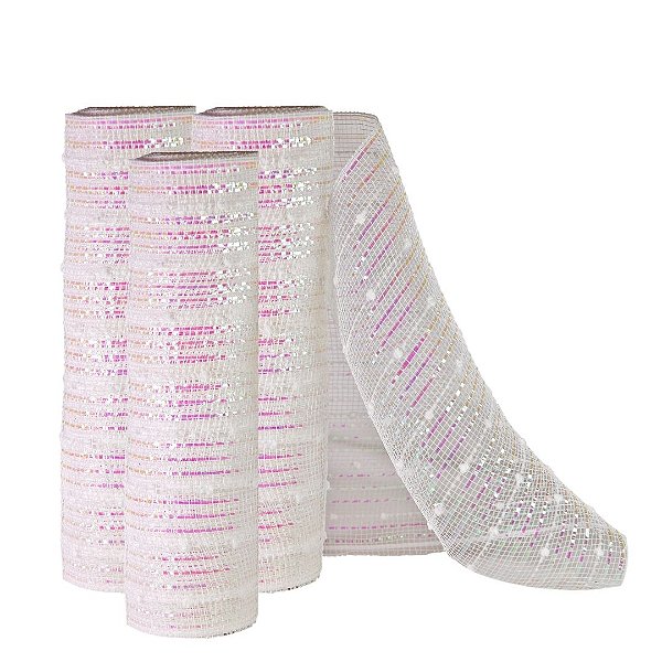 Kit 3 Telas Natal Malha Tule Decorativa Perolada Furta Cor Branco e Rosa 25cm x 5m Fita Premium