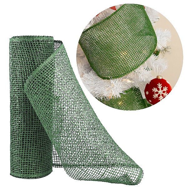 Tela Malha Tule Sisal Verde Decorativa Natal Luxo Rústico 25cm x 5 metros