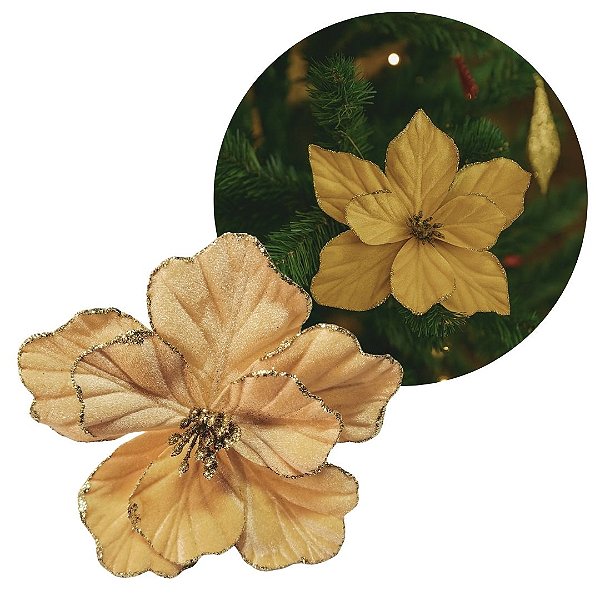 Flor Magnólia Natalina Veludo Dourado Pick com Glitter Luxo 50cm