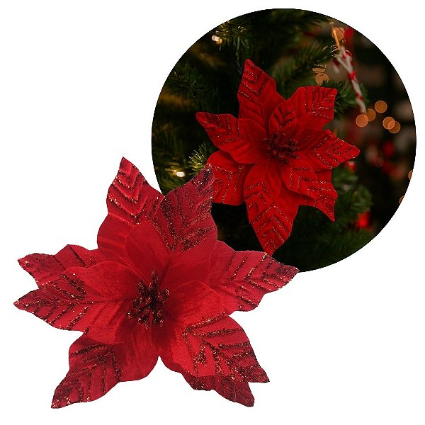 Flor Bico de Papagaio Natal Pick Veludo Vermelho Borda Glitter Luxo 25cm