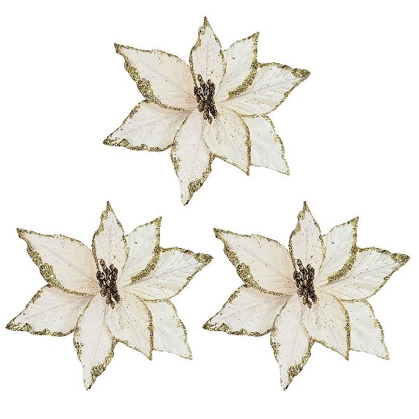 Kit 3 Flores Bico de Papagaio Natal Pick Veludo Champanhe Glitter Dourado 20cm