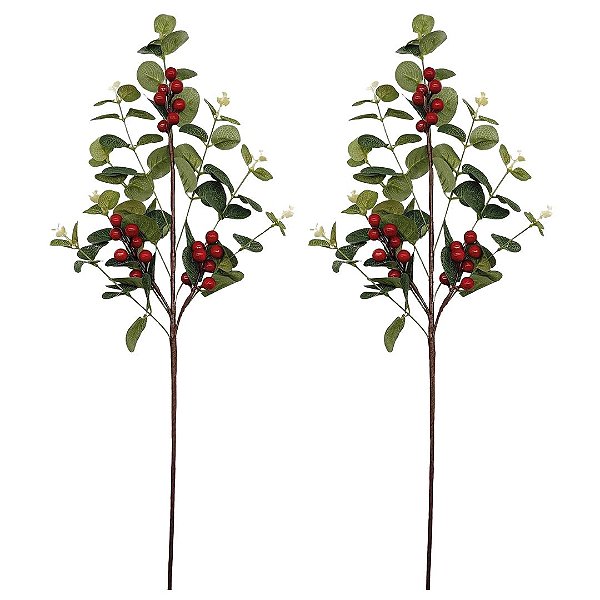 Kit 2 Galhos Decorativo Natalino Folha de Eucalipto e Berries 63cm