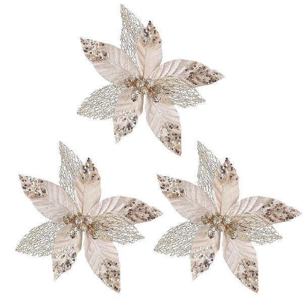 Kit 3 Flores Bico de Papagaio Luxo Champanhe Mescla Veludo Glitter 23cm
