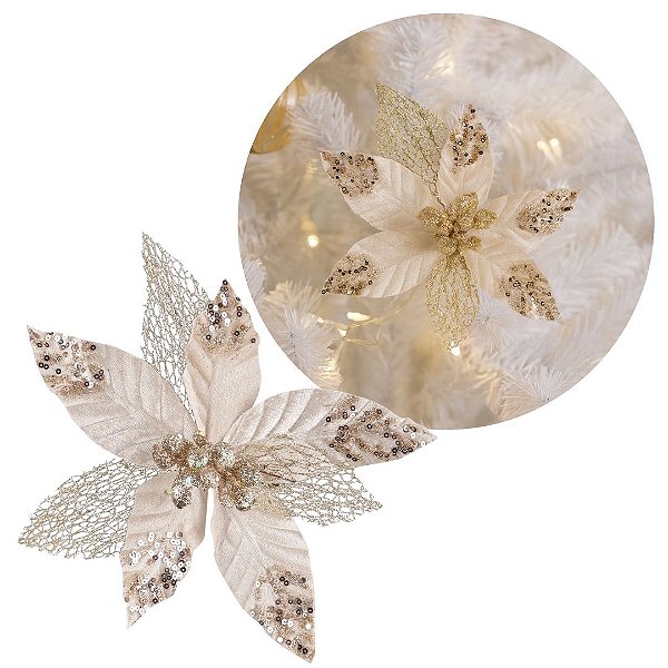Flor Bico de Papagaio Luxo Champanhe Mescla Veludo Glitter 23cm