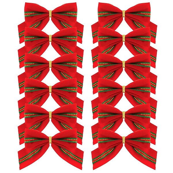 Jogo 12 Mini Laços Natalinos Veludo Vermelho e Verde com Dourado