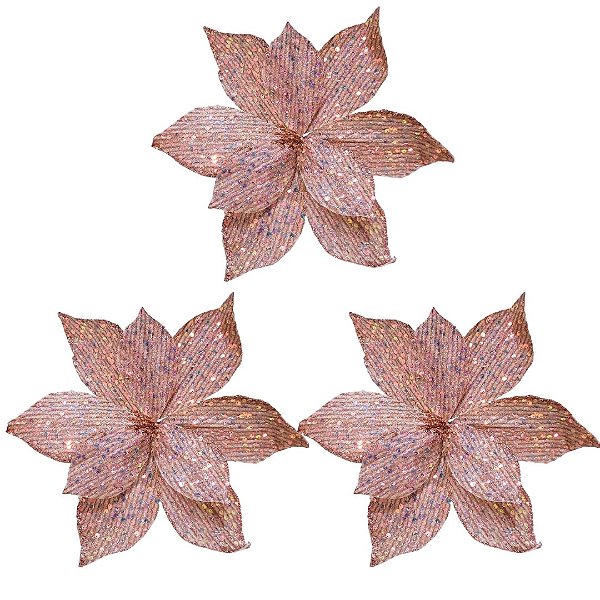 Kit 3 Flores Bico de Papagaio Pick Natalino Glitter e Lantejoulas Rosê Luxo 30cm