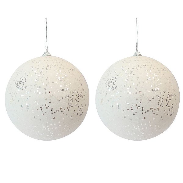 Jogo 2 Bolas de Natal Brancas Glitter e Lantejoulas 12cm Luxo