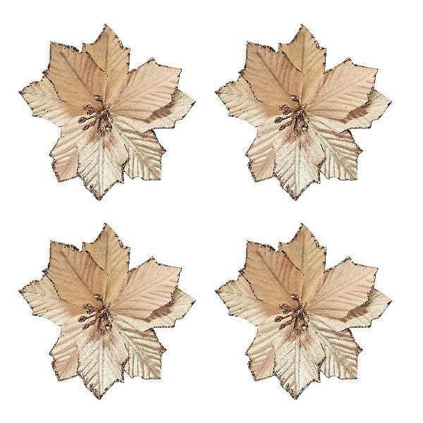 Kit 4 Flores Bico de Papagaio Pick Natalino Veludo Champanhe Glitter 13cm