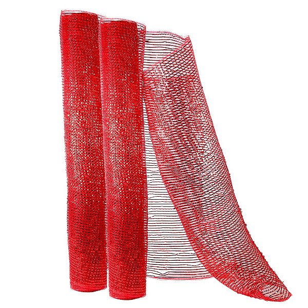 Kit 2 Telas Decorativa Natal Malha Tule Trançado Vermelho 52cm x 5m Brilhante Premium