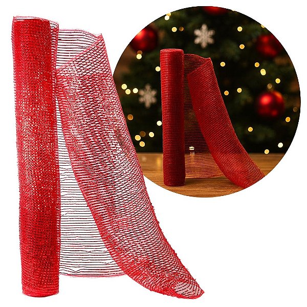 Tela Decorativa Natal Malha Tule Trançado Vermelho 52cm x 5m Brilhante Premium