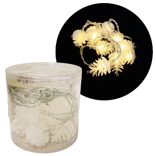 Cordão Pinha Natalina Iluminada 10 Lâmpadas LED Branco Quente 1,8m