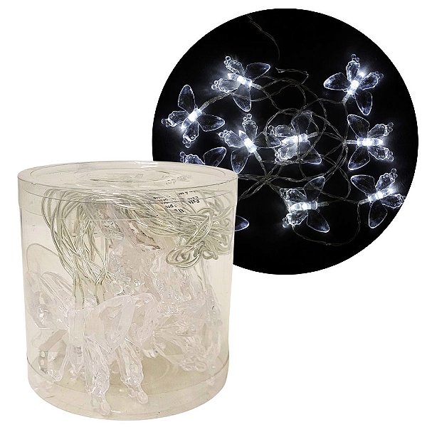 Cordão Iluminado Borboleta Acrílico Transparente 10 Lâmpadas LED Branco Frio 2,3m