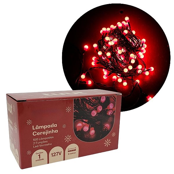 Pisca Sequencial Cerejinha Natal LED Vermelho 100 Lâmpadas 127V 8 Funções