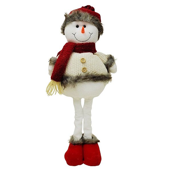 Boneco de Neve Pelúcia Retrátil Perna Extensível 36cm a 50cm Vinho e Branco
