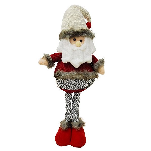 Papai Noel Pelúcia Retrátil Perna Extensível 36cm a 50cm Vinho e Cinza