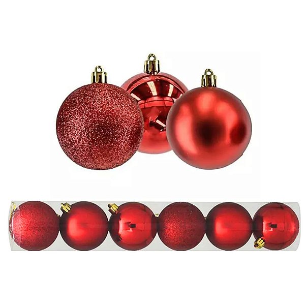 Conjunto 6 Bolas de Natal Vermelho Tradicional Misto Glitter, Brilho e Fosca 8cm Prime
