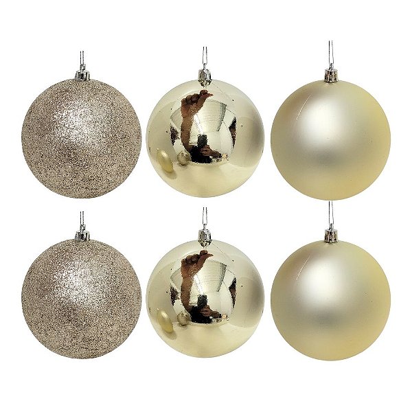 Conjunto 6 Bolas de Natal Champanhe Prime Texturas Mistas 10cm Glitter, Brilho e Fosca