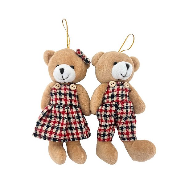 Jogo 2 Ursinhos Decorativos Natal Pelúcia Bege Casal Roupa Xadrez Azul Marinho e Vermelho 16cm