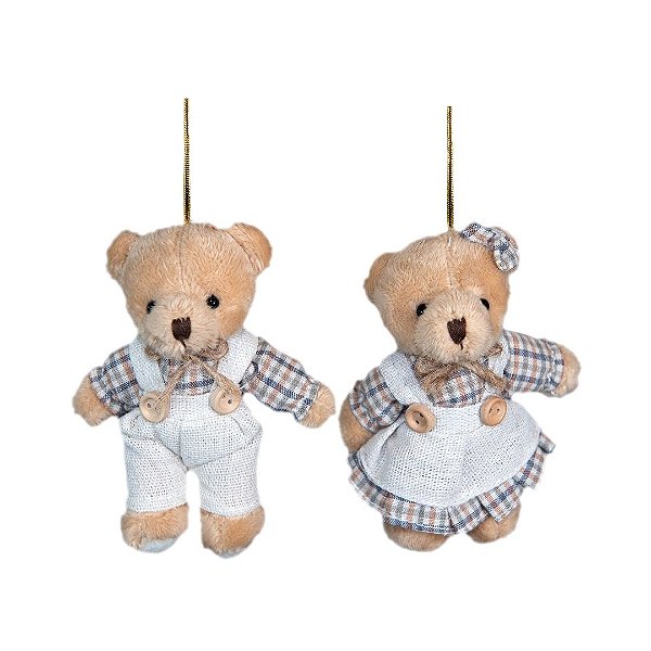 Jogo 2 Ursinhos Decorativos Natal Pelúcia Bege Casal Roupa Linho Xadrez Rústico 13cm