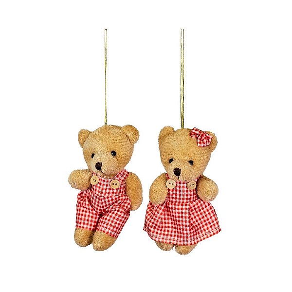 Jogo Ursinho Decorativo Natal Casal Pelúcia Bege Roupa Vermelho Xadrez 12cm
