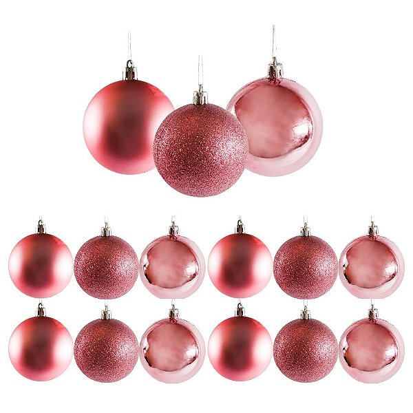 Conjunto 12 Bolas de Natal Rosê Prime Texturas Mistas 6cm Glitter, Brilho e Fosca