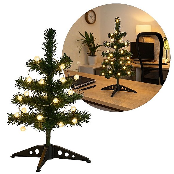 Mini Árvore de Natal Iluminada Verde 30cm com LED Bolinhas Branco Quente à Pilha