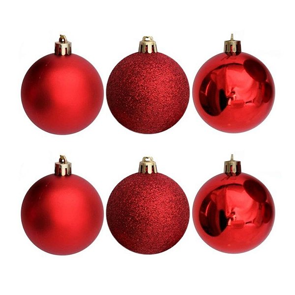 Conjunto 6 Bolas de Natal Vermelho Prime Texturas Mistas 5cm Glitter, Brilho e Fosca