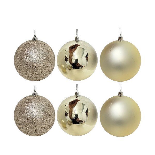Conjunto 6 Bolas de Natal Champanhe Prime Texturas Mistas 8cm Glitter, Brilho e Fosca