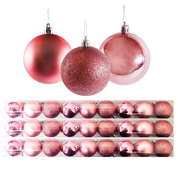 Jogo 27 Bolas Natal Mista Lisa, Glitter e Fosca Rosê 8cm - Master Christmas