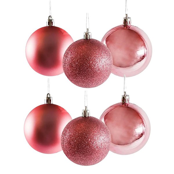 Conjunto 6 Bolas de Natal Rosê Prime Texturas Mistas 8cm Glitter, Brilho e Fosca