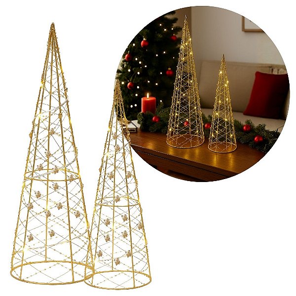 Jogo 2 Árvores Decorativas Aramadas Dourado Iluminada LED Luxo Cone 50cm e 40cm