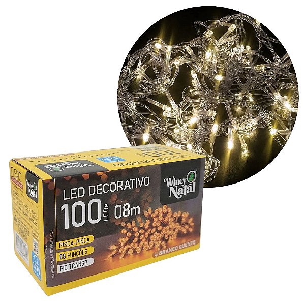 Pisca LED Branco Quente Sequencial 100 Lâmpadas 8 Funções Fio Transparente 8 Metros 127V