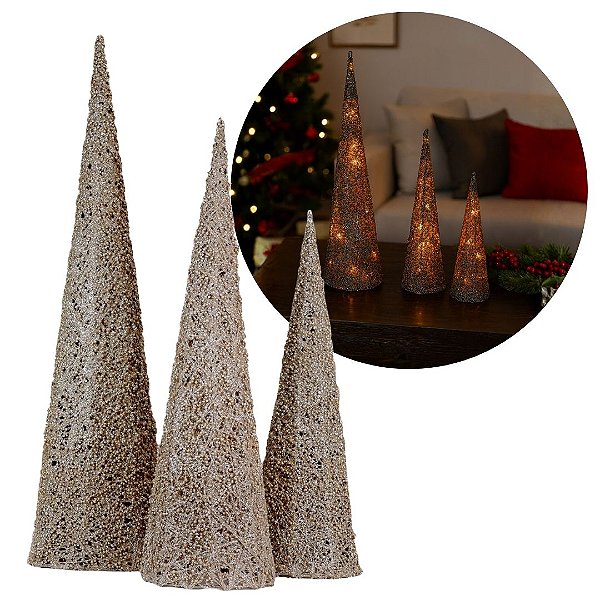 Jogo 3 Árvores Decorativas Aramadas Cone Cotton Champanhe Glitter Luxo LED Branco Quente 60cm, 50cm e 40cm