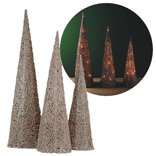 Conjunto 3 Árvores Decorativas Aramadas Cone Cotton Iluminada Champanhe Glitter Luxo LED 60cm, 50cm e 40cm