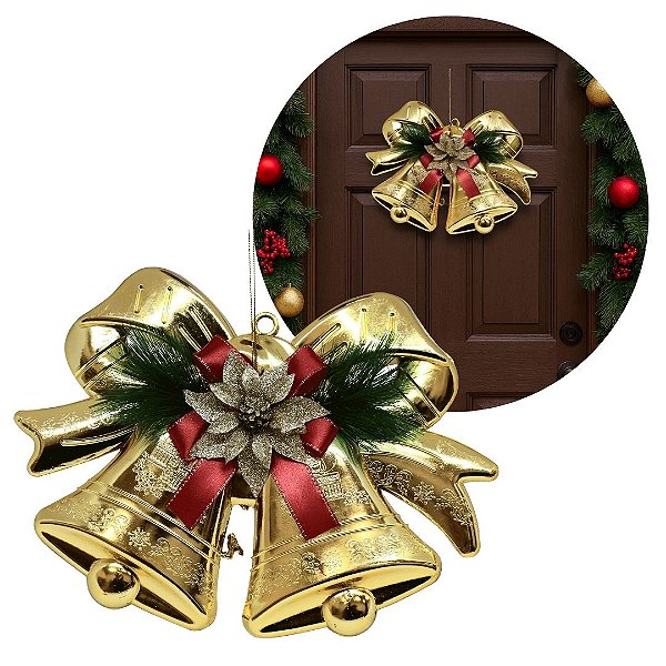 Sino Duplo Dourado Decorado com Laço e Flor Bico de Papagaio Glitter 28cm x 20cm – Enfeite Natalino com Cordão para Pend