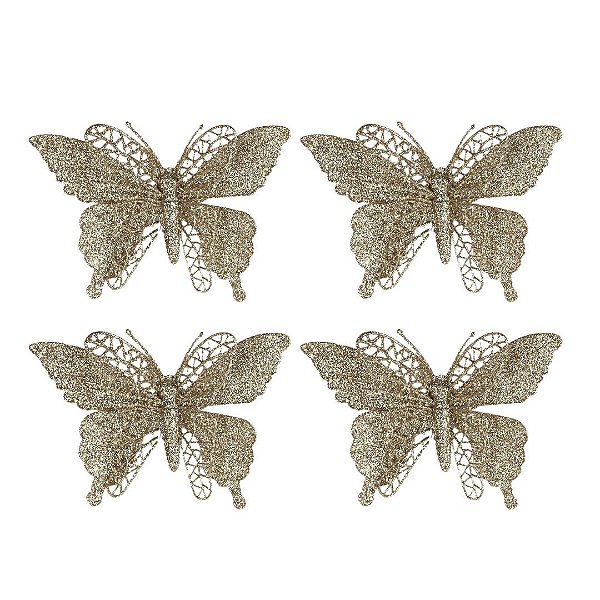 Jogo 4 Borboletas Champanhe Glitter 12x18cm Enfeite Natal com Presilha