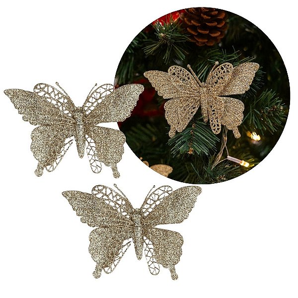 Jogo 2 Borboletas Champanhe Glitter 12x18cm Enfeite Natal com Presilha