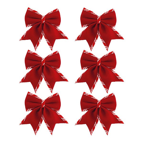 Jogo 6 Laços Natalinos Veludo Vermelho Borda Candy Listrada Prime 9x10cm
