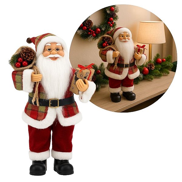 Papai Noel Decorativo Natalino 25cm com Casaco Xadrez Vermelho e Verde e Saco de Presentes Decorado
