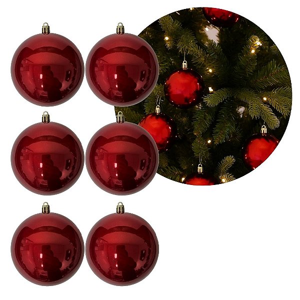 Jogo 6 Bolas de Natal Vermelho Premium 8cm Brilho Espelhado com Cordão para Pendurar